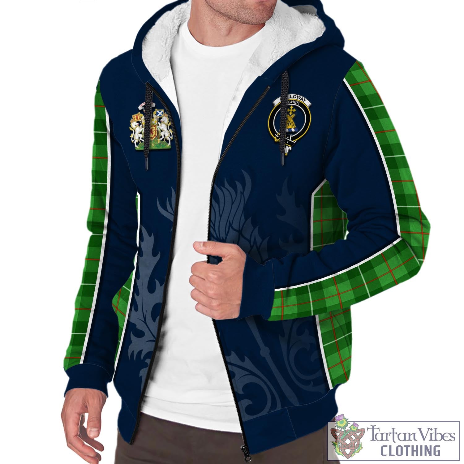 Tartan Vibes Clothing Galloway Tartan Sherpa Hoodie with Family Crest and Scottish Thistle Vibes Sport Style