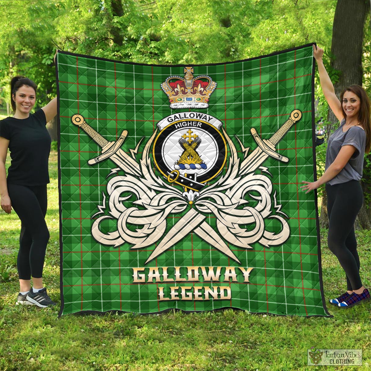 Tartan Vibes Clothing Galloway Tartan Quilt with Clan Crest and the Golden Sword of Courageous Legacy