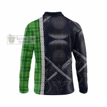 Galloway Tartan Long Sleeve Polo Shirt with Family Crest Cross Sword Thistle Celtic Vibes