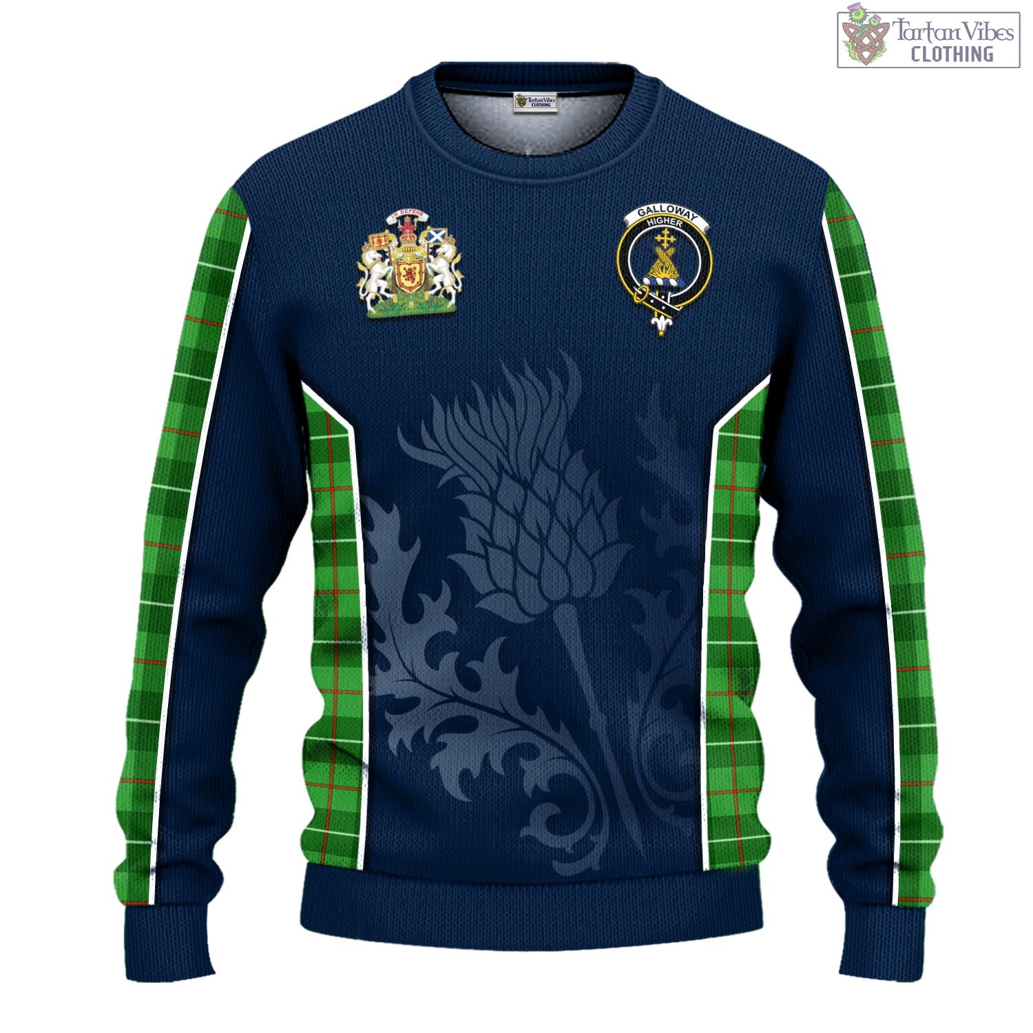 Tartan Vibes Clothing Galloway Tartan Knitted Sweatshirt with Family Crest and Scottish Thistle Vibes Sport Style