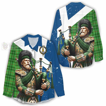 Galloway Tartan Women's Casual Shirt with Family Crest Scottish Bagpiper Vibes