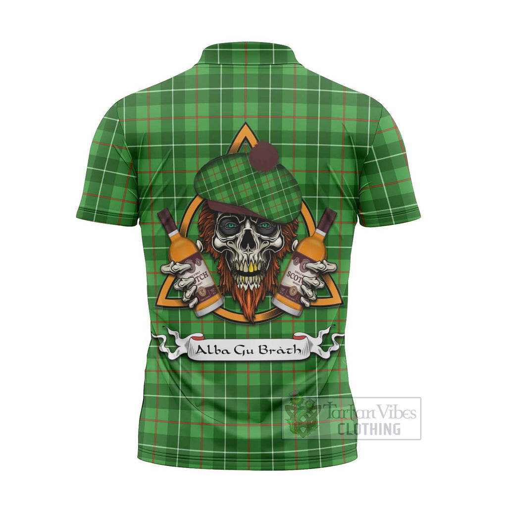 Tartan Vibes Clothing Galloway Tartan Zipper Polo Shirt with Family Crest and Bearded Skull Holding Bottles of Whiskey