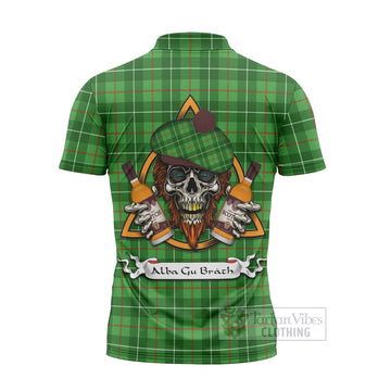 Galloway Tartan Zipper Polo Shirt with Family Crest and Bearded Skull Holding Bottles of Whiskey