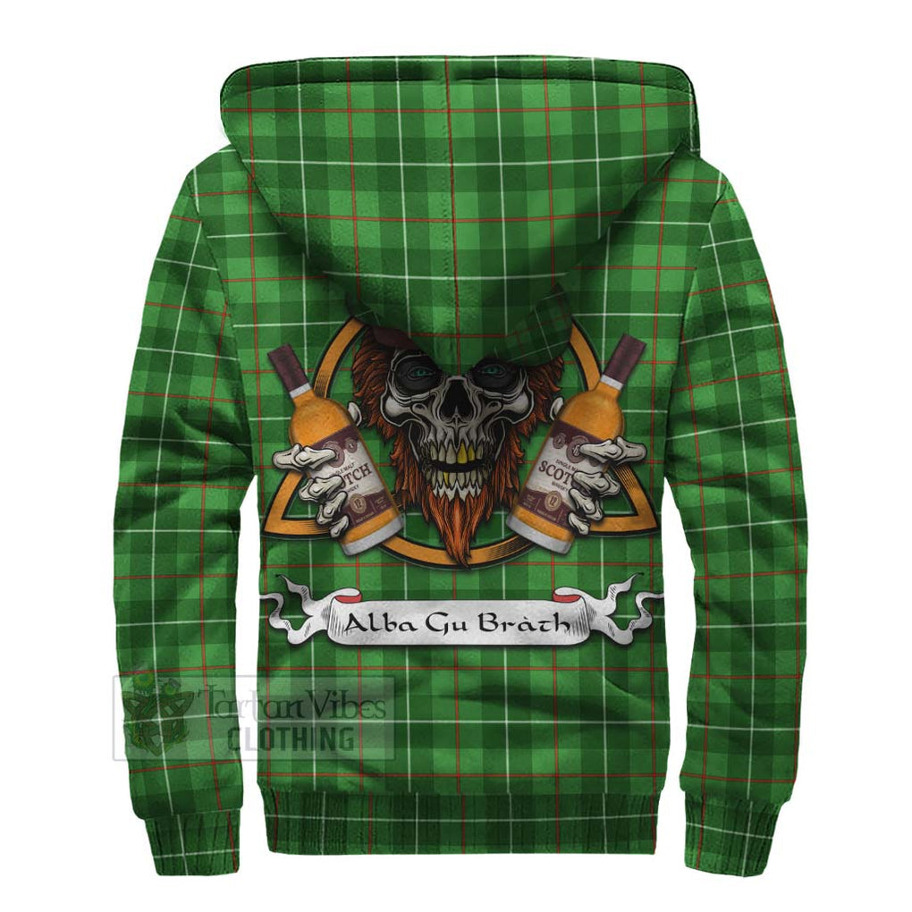 Tartan Vibes Clothing Galloway Tartan Sherpa Hoodie with Family Crest and Bearded Skull Holding Bottles of Whiskey