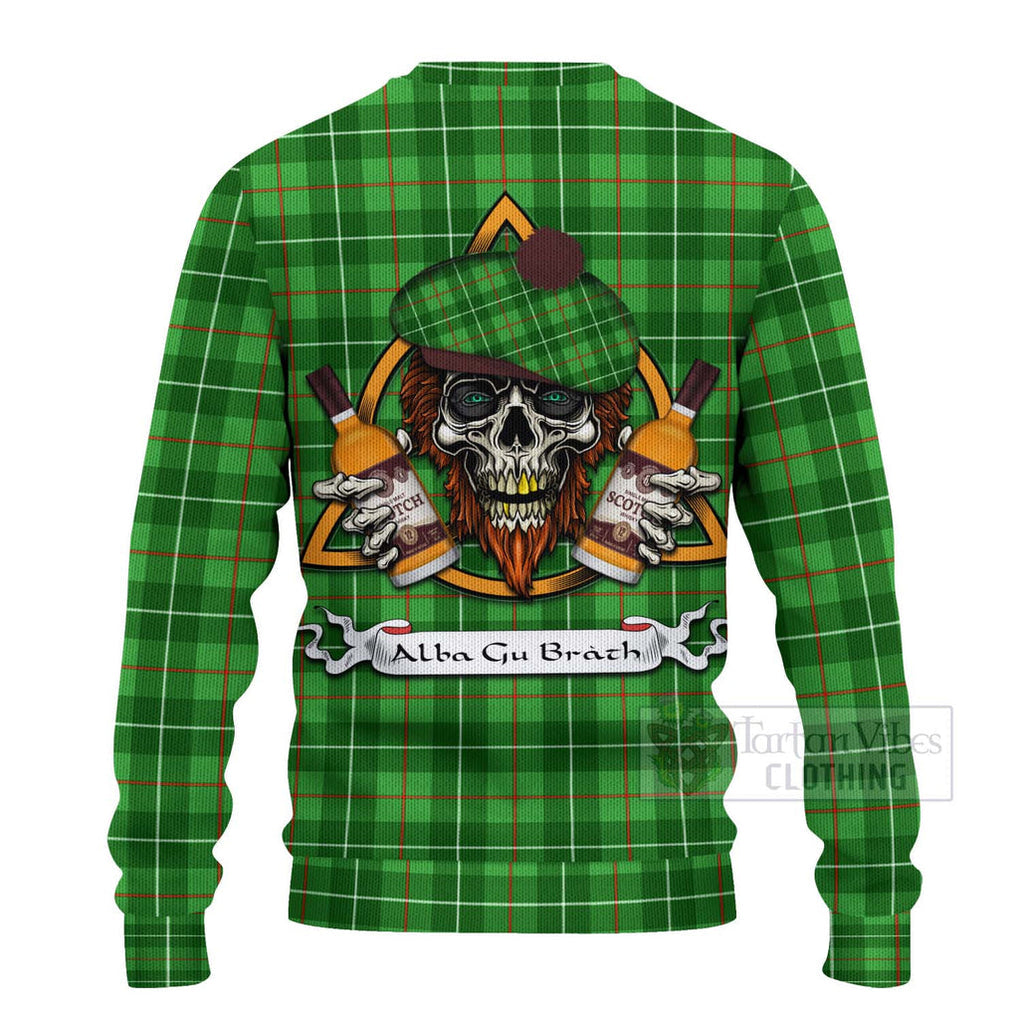 Tartan Vibes Clothing Galloway Tartan Knitted Sweater with Family Crest and Bearded Skull Holding Bottles of Whiskey