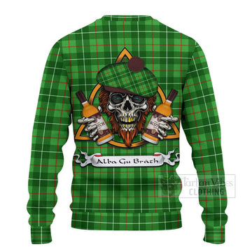 Galloway Tartan Ugly Sweater with Family Crest and Bearded Skull Holding Bottles of Whiskey