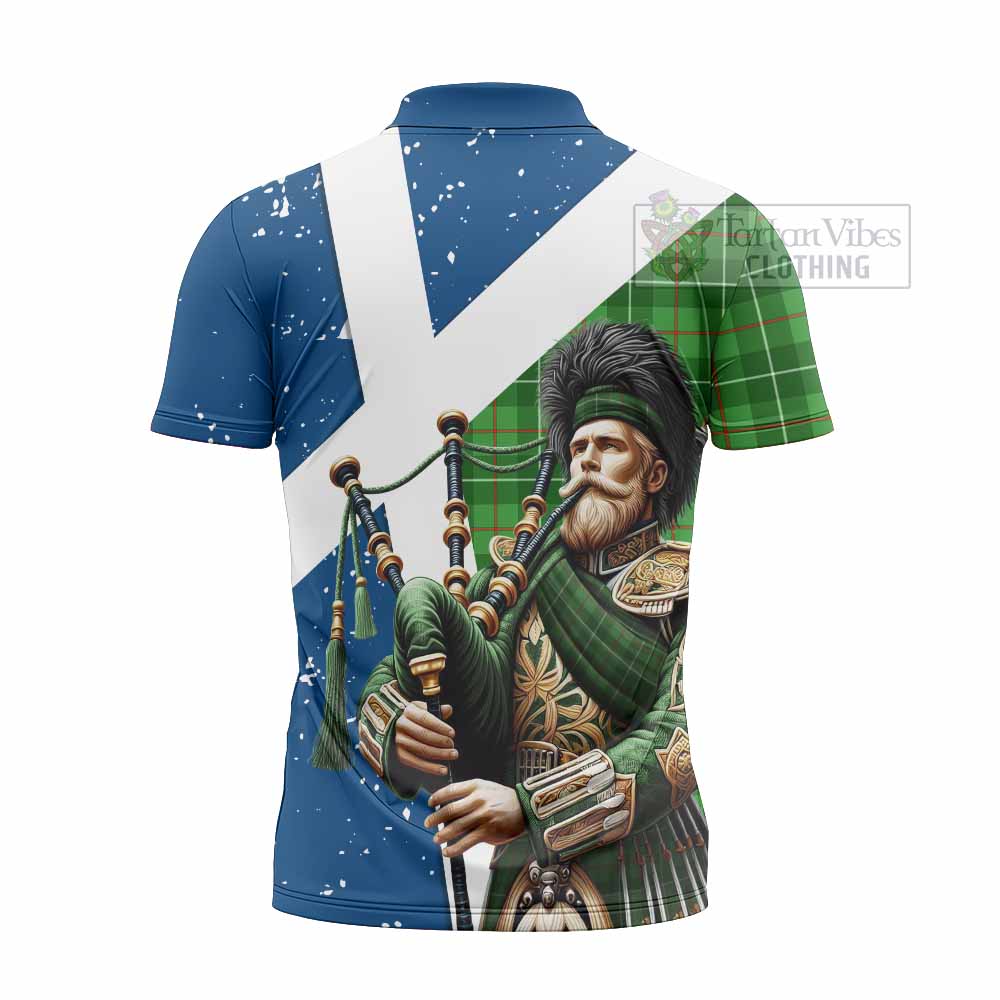 Tartan Vibes Clothing Galloway Tartan Zipper Polo Shirt with Family Crest Scottish Bagpiper Vibes