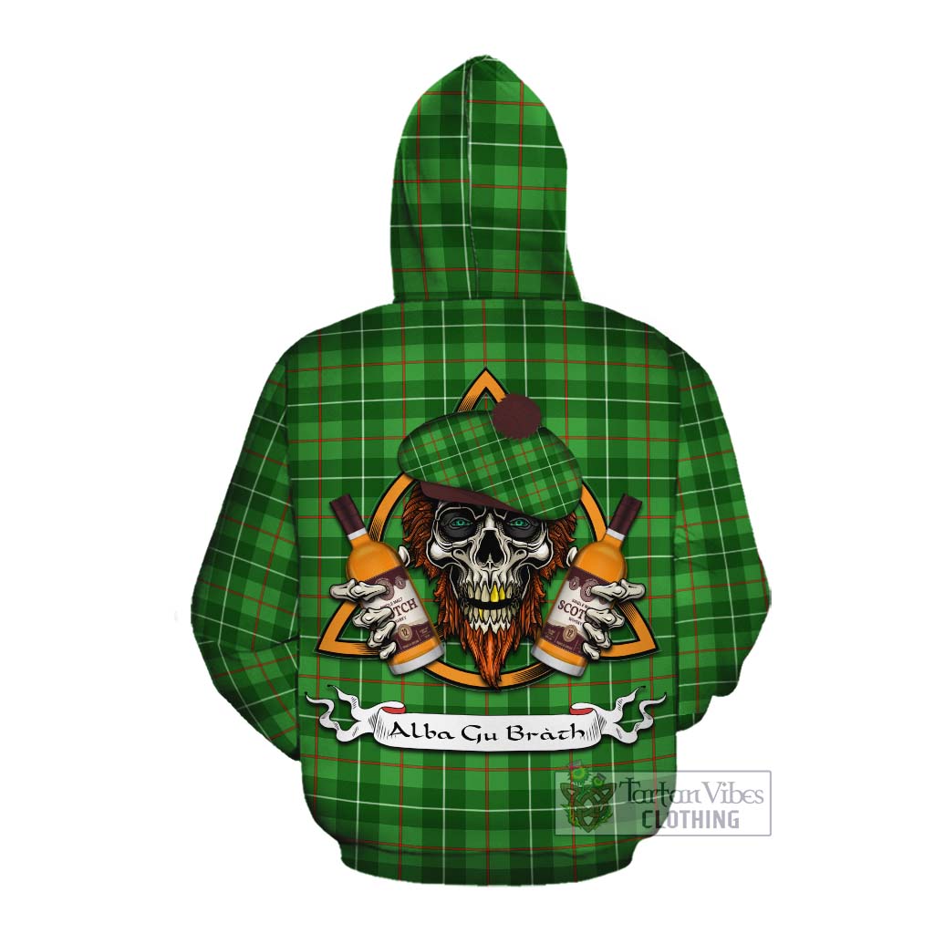 Tartan Vibes Clothing Galloway Tartan Cotton Hoodie with Family Crest and Bearded Skull Holding Bottles of Whiskey