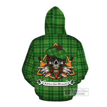 Galloway Tartan Cotton Hoodie with Family Crest and Bearded Skull Holding Bottles of Whiskey