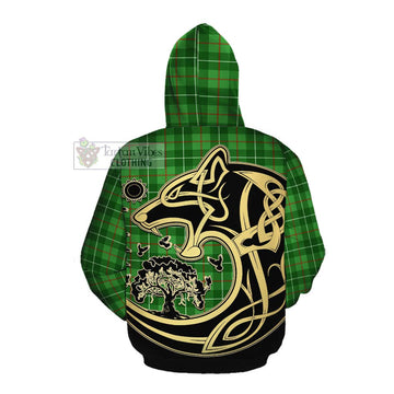 Galloway Tartan Cotton Hoodie with Family Crest Celtic Wolf Style