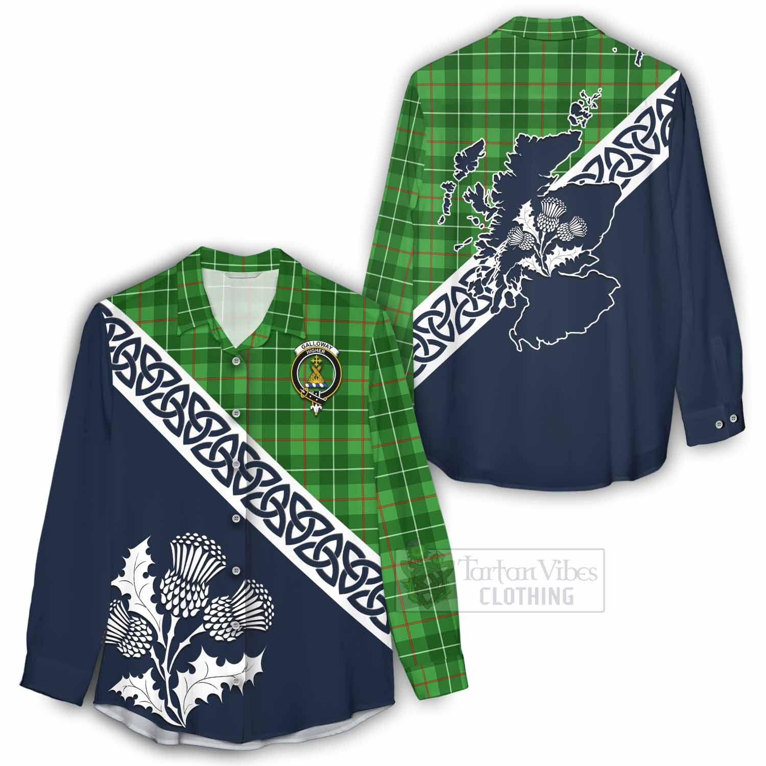 Tartan Vibes Clothing Galloway Tartan Women's Casual Shirt Featuring Thistle and Scotland Map