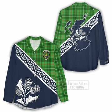 Galloway Tartan Women's Casual Shirt Featuring Thistle and Scotland Map