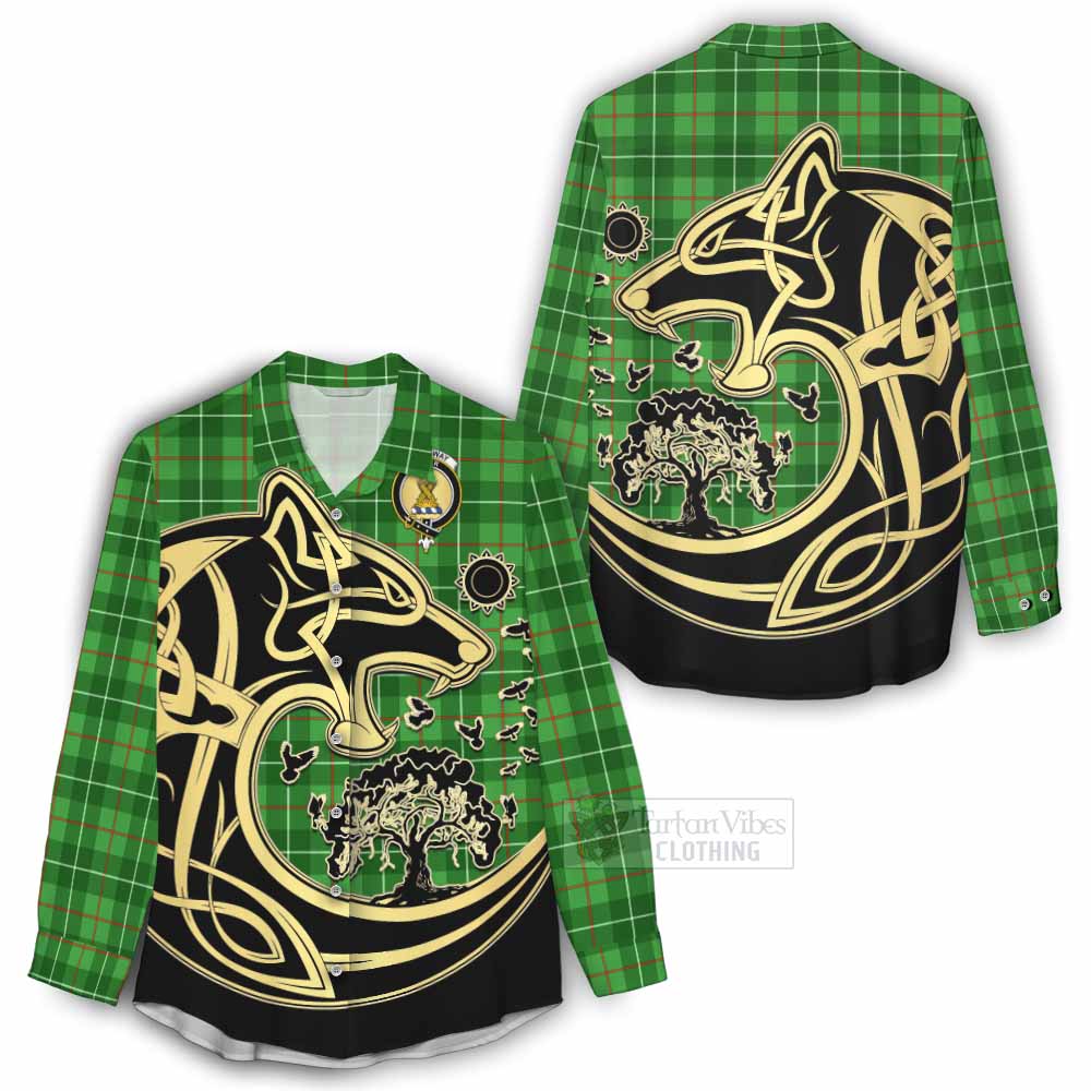 Tartan Vibes Clothing Galloway Tartan Women's Casual Shirt with Family Crest Celtic Wolf Style