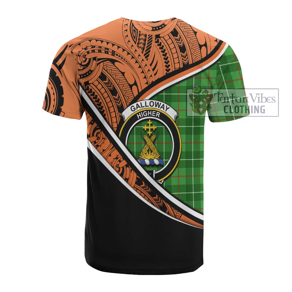 Tartan Vibes Clothing Galloway Crest Tartan Cotton T-shirt with Maori Tattoo Style - Orange Version