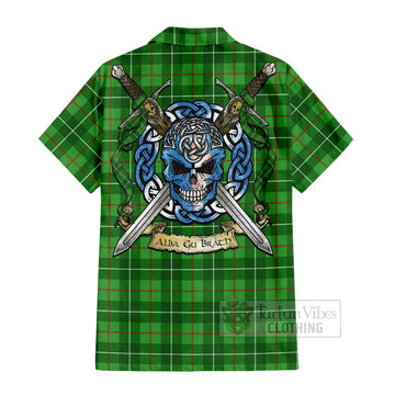 Galloway Tartan Short Sleeve Button Shirt with Family Crest Celtic Skull Style