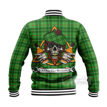 Galloway Tartan Baseball Jacket with Family Crest and Bearded Skull Holding Bottles of Whiskey