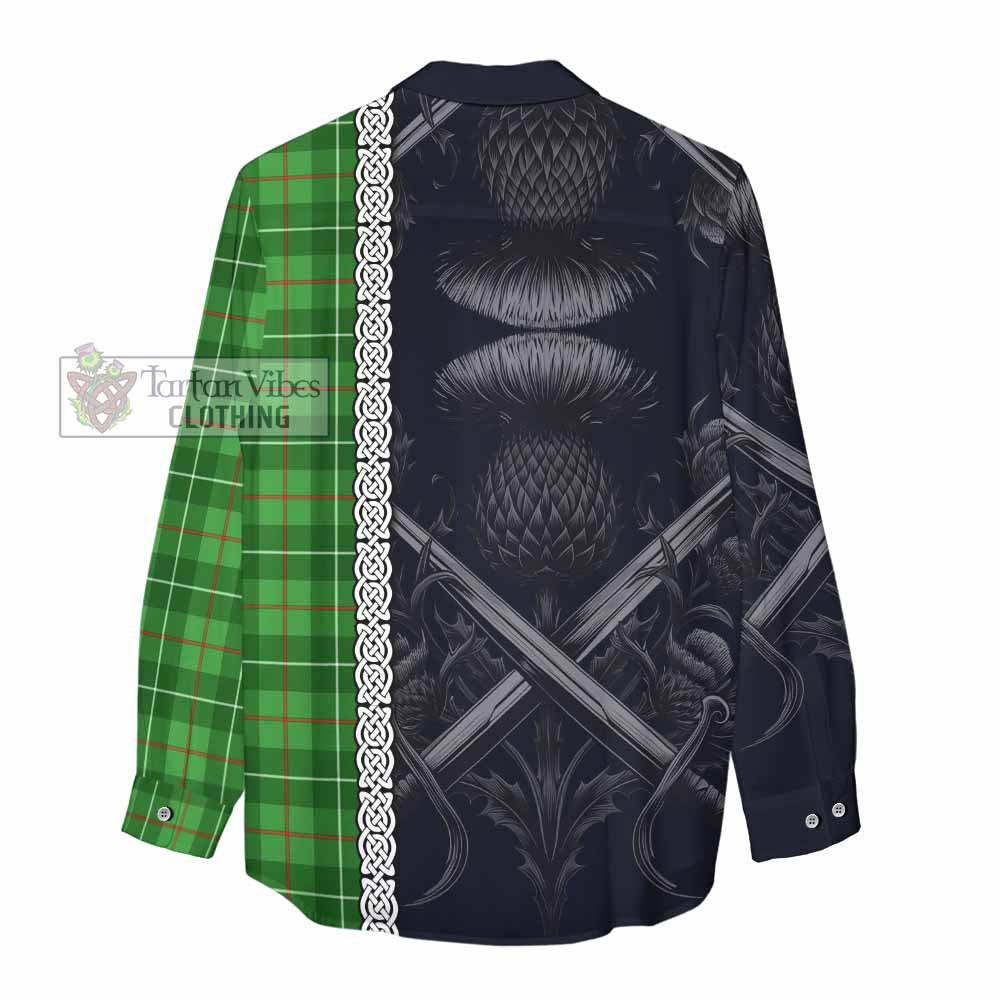 Tartan Vibes Clothing Galloway Tartan Women's Casual Shirt with Family Crest Cross Sword Thistle Celtic Vibes