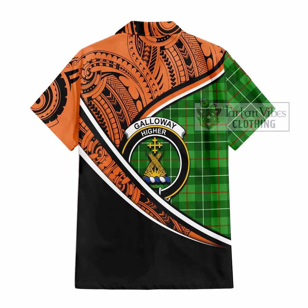 Tartan Vibes Clothing Galloway Crest Tartan Short Sleeve Button Shirt with Maori Tattoo Style - Orange Version