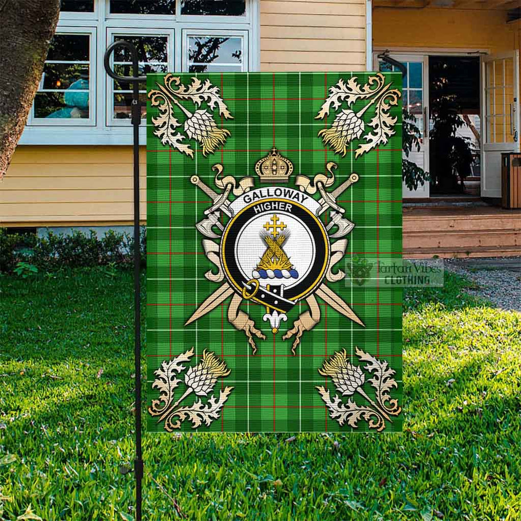 Tartan Vibes Clothing Galloway Tartan Flag with Family Crest and Golden Thistle Crossed Sword Design