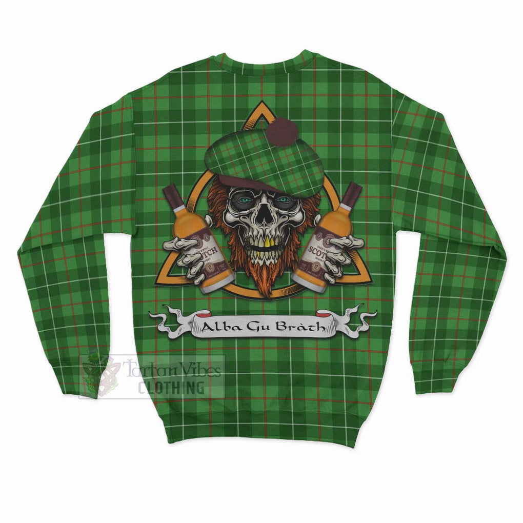 Tartan Vibes Clothing Galloway Tartan Sweatshirt with Family Crest and Bearded Skull Holding Bottles of Whiskey