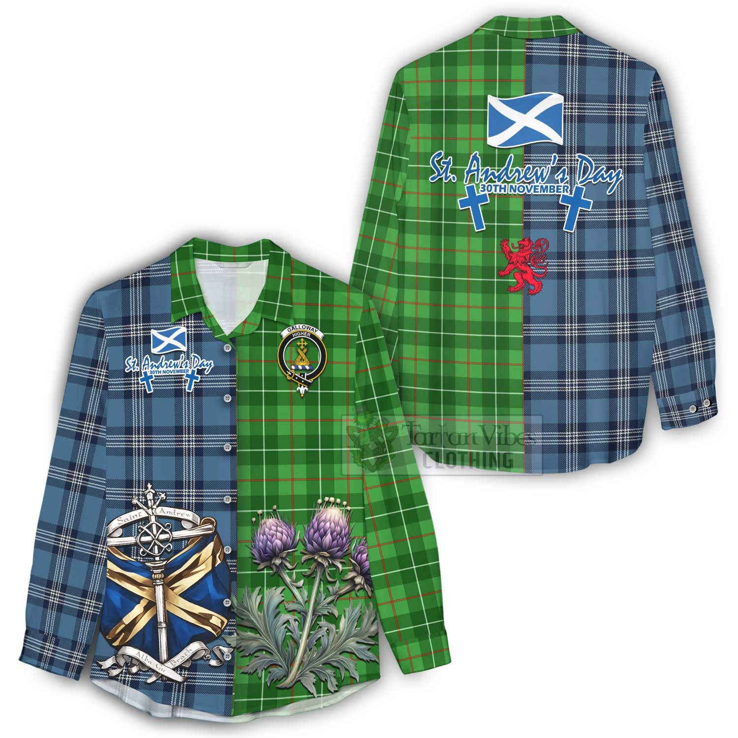 Tartan Vibes Clothing Galloway Tartan Women's Casual Shirt Happy St. Andrew's Day Half Tartan Style