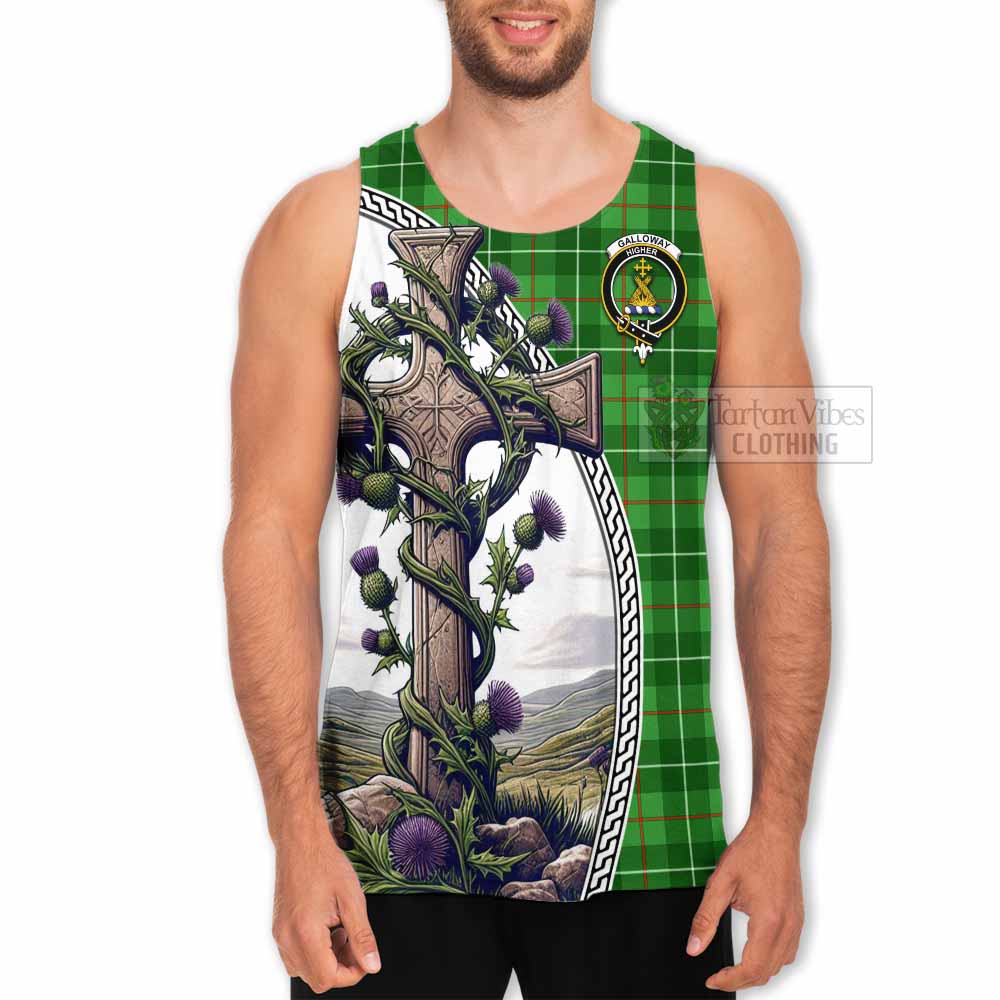 Tartan Vibes Clothing Galloway Tartan Men's Tank Top with Family Crest and St. Andrew's Cross Accented by Thistle Vines