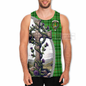 Galloway Tartan Men's Tank Top with Family Crest and St. Andrew's Cross Accented by Thistle Vines