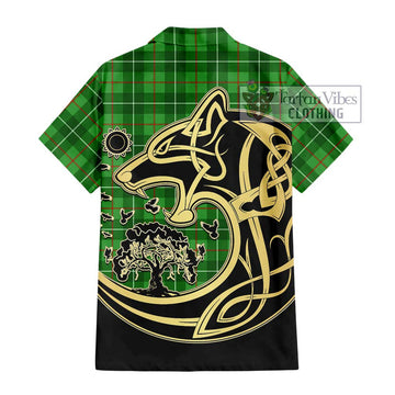 Galloway Tartan Short Sleeve Button Shirt with Family Crest Celtic Wolf Style