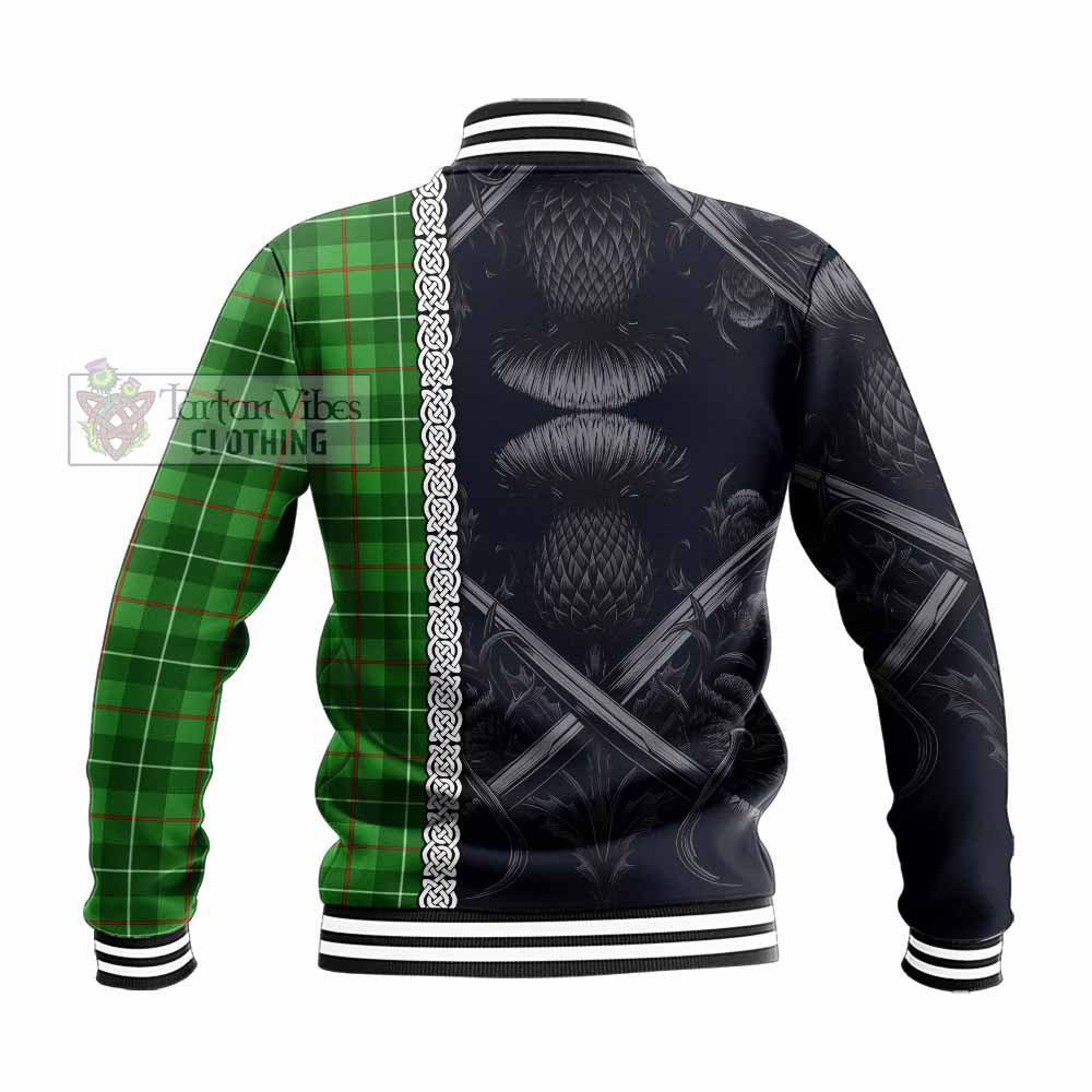 Galloway Tartan Baseball Jacket with Family Crest Cross Sword Thistle Celtic Vibes - Tartan Vibes Clothing