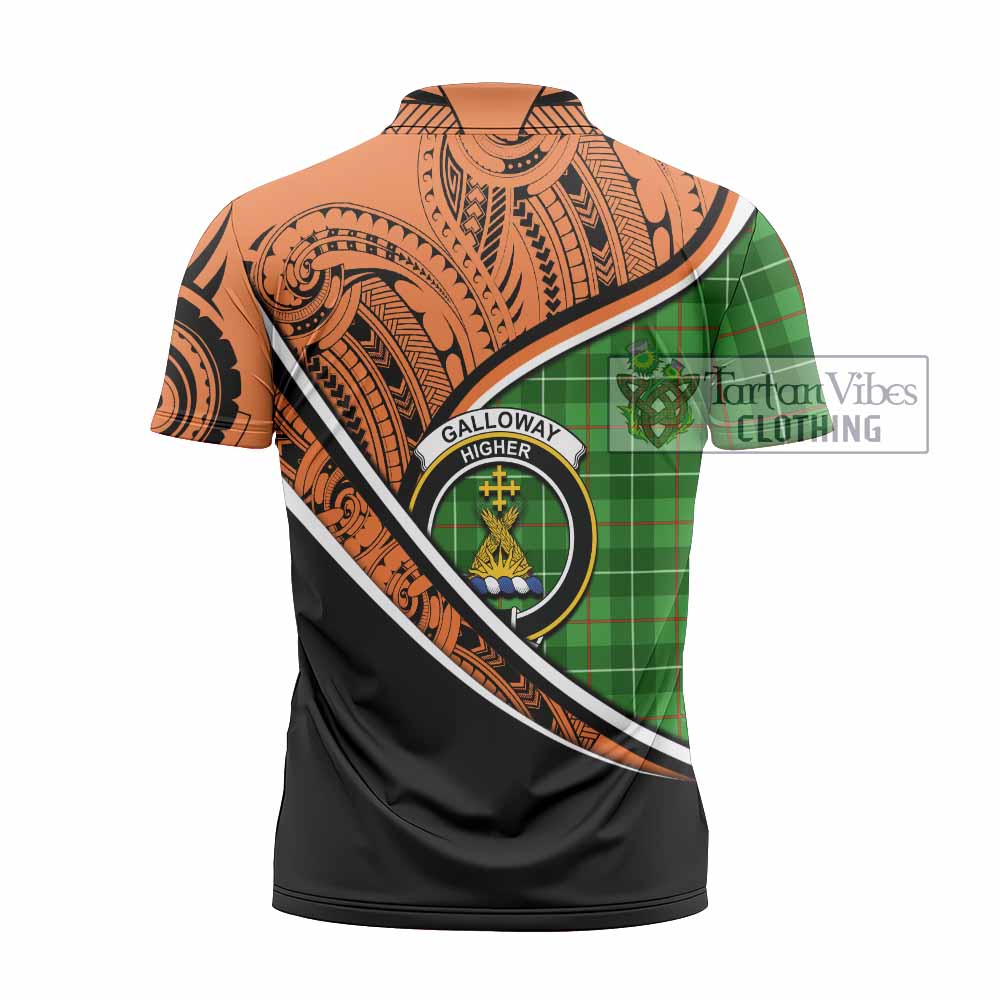 Tartan Vibes Clothing Galloway Crest Tartan Zipper Polo Shirt with Maori Tattoo Style - Orange Version