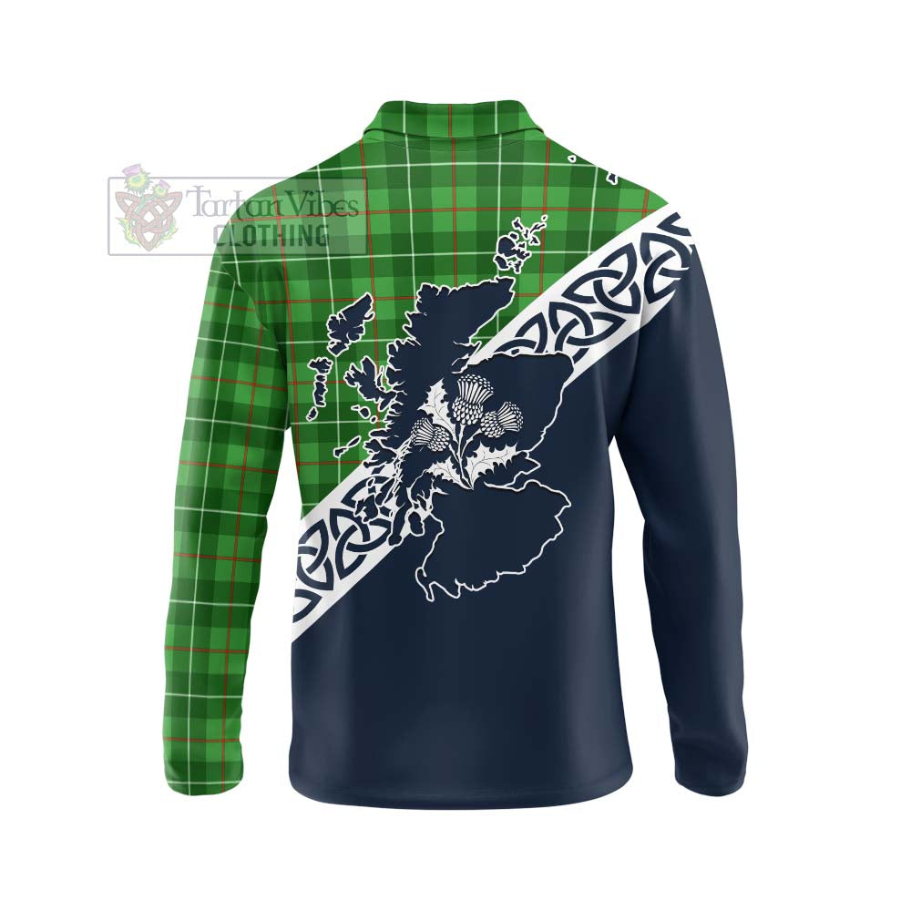 Tartan Vibes Clothing Galloway Tartan Long Sleeve Polo Shirt Featuring Thistle and Scotland Map