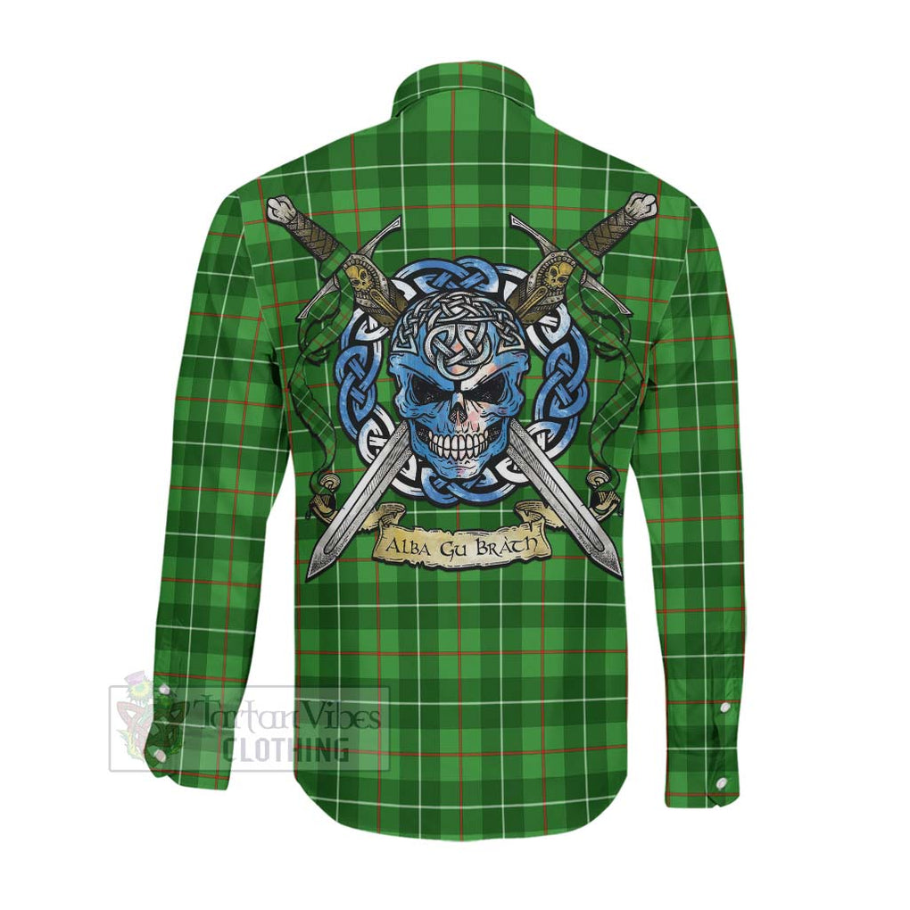 Tartan Vibes Clothing Galloway Tartan Long Sleeve Button Shirt with Family Crest Celtic Skull Style