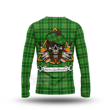 Galloway Tartan Long Sleeve T-Shirt with Family Crest and Bearded Skull Holding Bottles of Whiskey