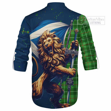 Galloway Tartan Family Crest Ghillie Kilt Shirt with Scottish Majestic Lion