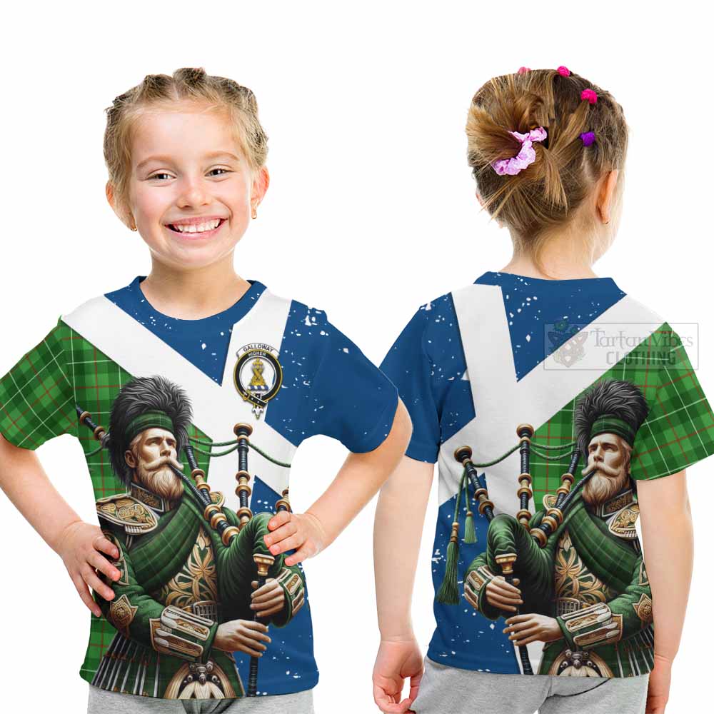 Tartan Vibes Clothing Galloway Tartan Kid T-Shirt with Family Crest Scottish Bagpiper Vibes