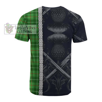 Galloway Tartan Cotton T-shirt with Family Crest Cross Sword Thistle Celtic Vibes