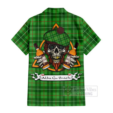 Galloway Tartan Short Sleeve Button Shirt with Family Crest and Bearded Skull Holding Bottles of Whiskey