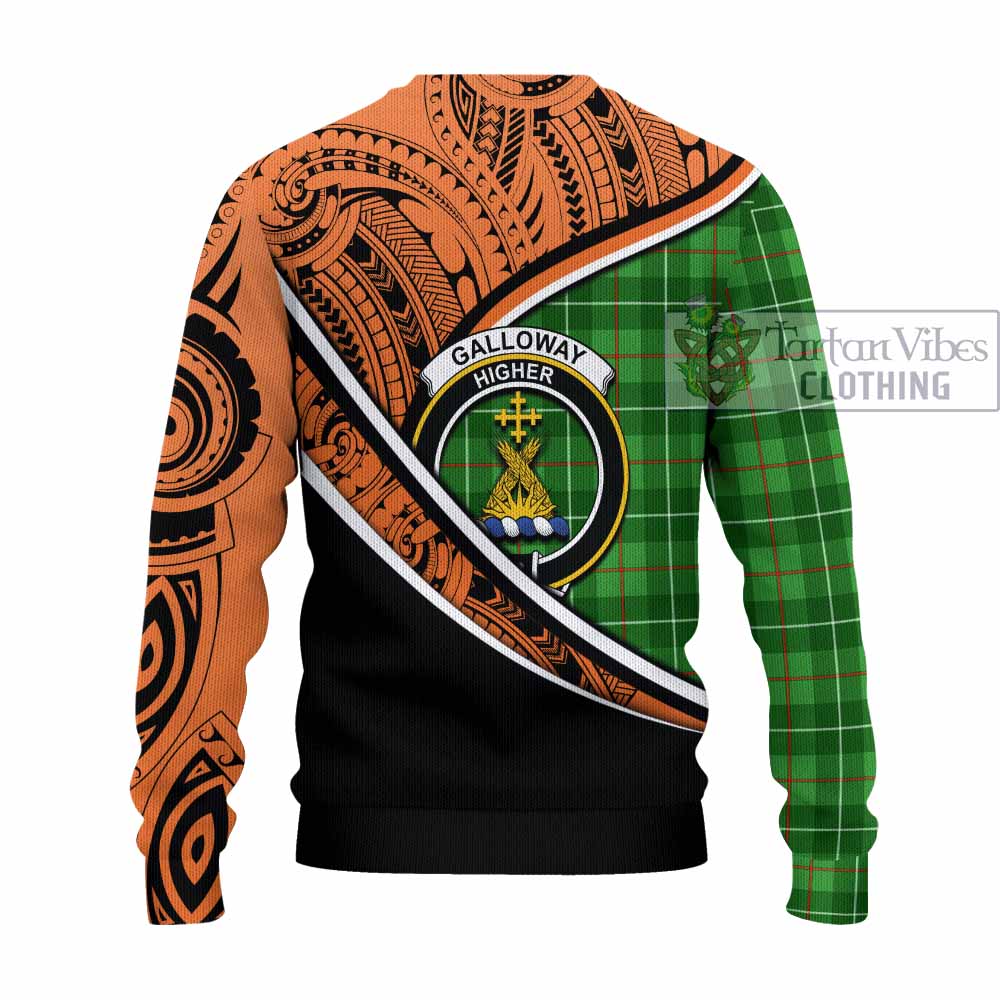 Tartan Vibes Clothing Galloway Crest Tartan Knitted Sweater with Maori Tattoo Style - Orange Version