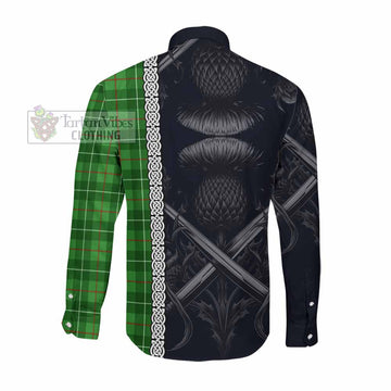 Galloway Tartan Long Sleeve Button Shirt with Family Crest Cross Sword Thistle Celtic Vibes