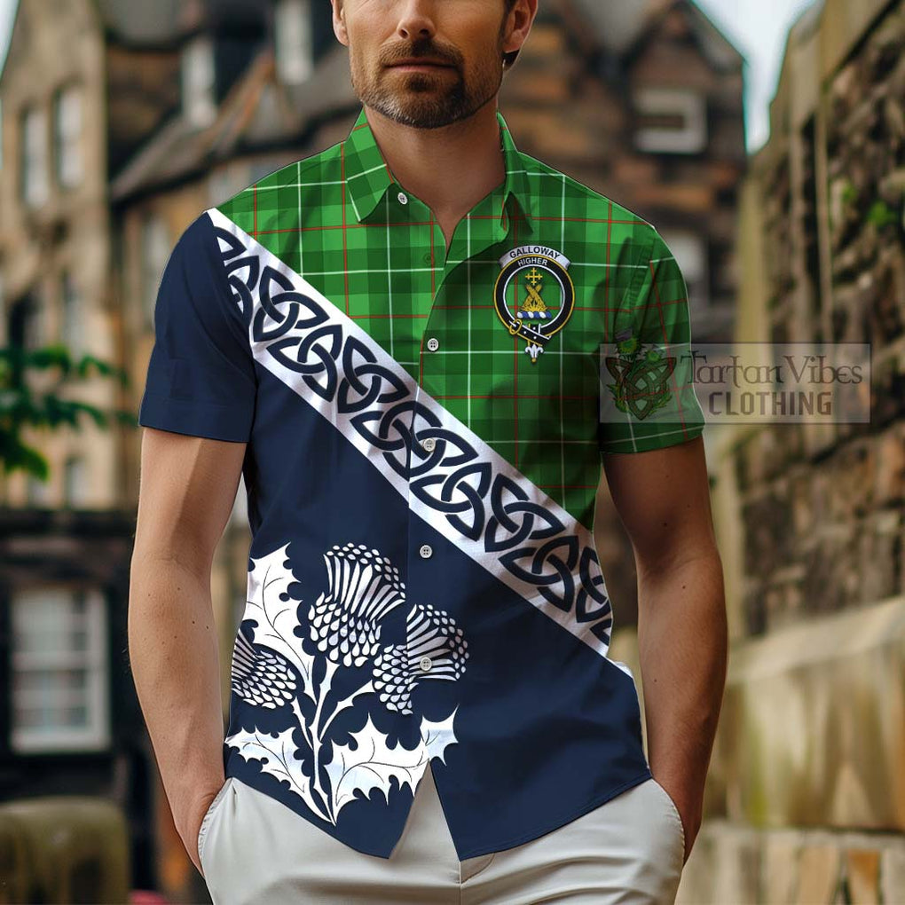 Tartan Vibes Clothing Galloway Tartan Short Sleeve Button Shirt Featuring Thistle and Scotland Map