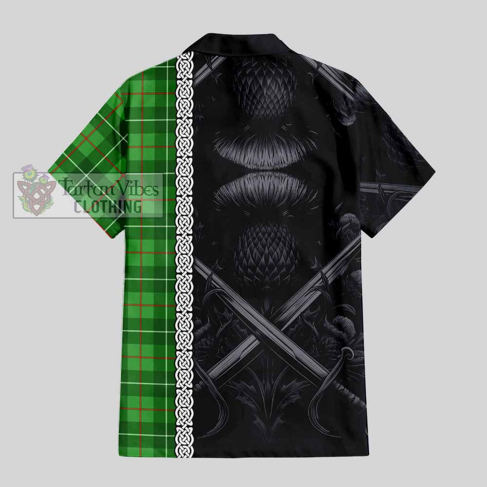 Tartan Vibes Clothing Galloway Tartan Short Sleeve Button Shirt with Family Crest Cross Sword Thistle Celtic Vibes