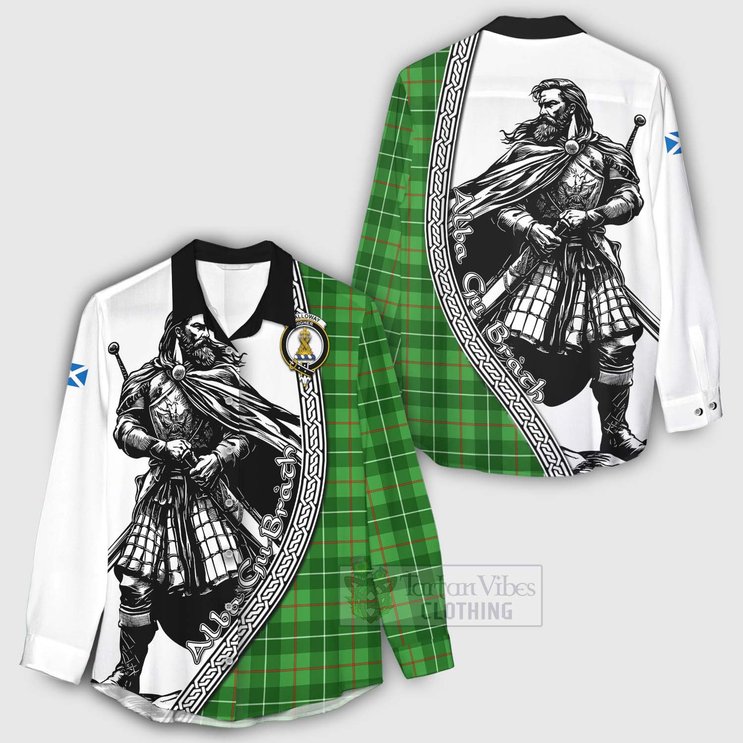 Tartan Vibes Clothing Galloway Tartan Clan Crest Women's Casual Shirt with Highlander Warrior Celtic Style