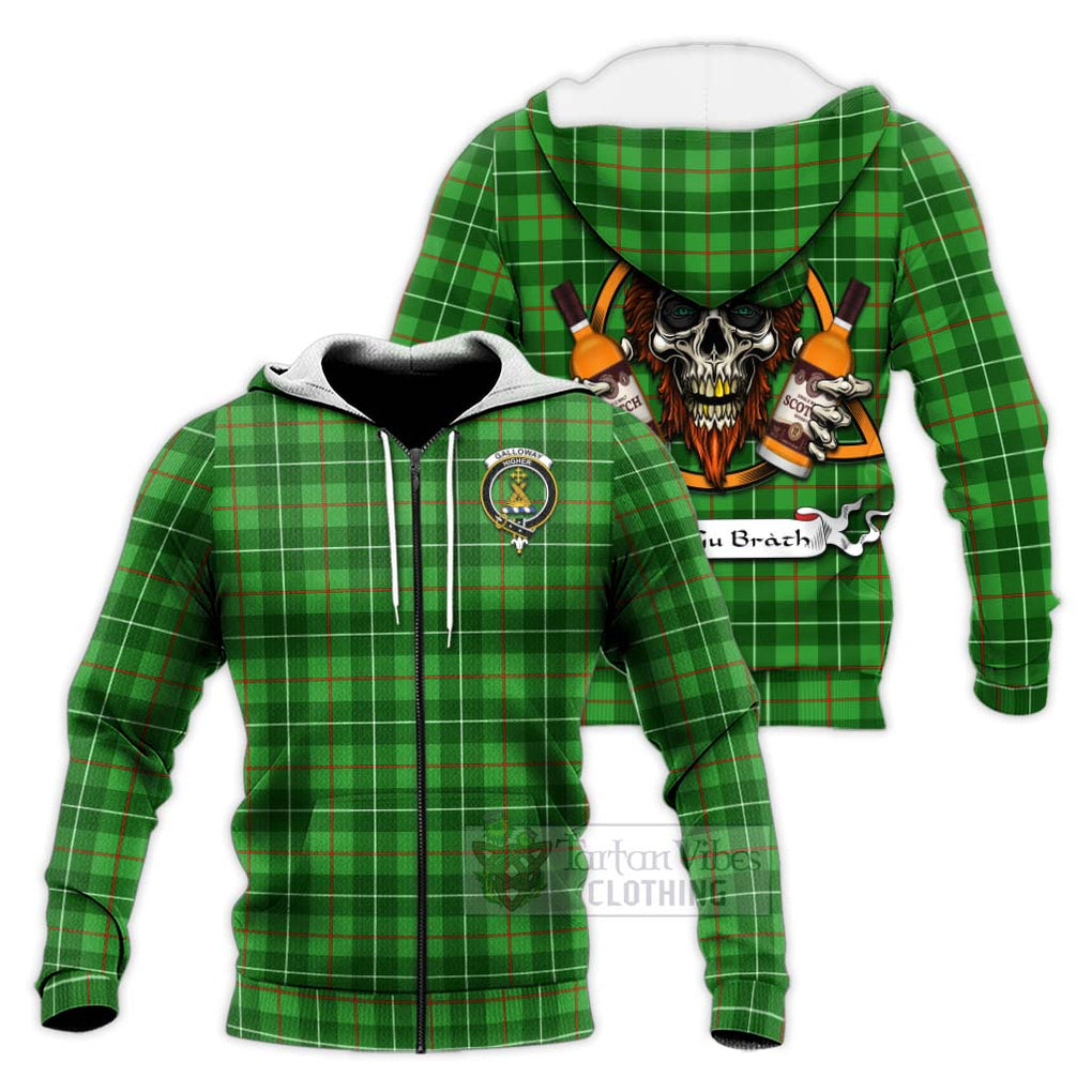 Tartan Vibes Clothing Galloway Tartan Knitted Hoodie with Family Crest and Bearded Skull Holding Bottles of Whiskey