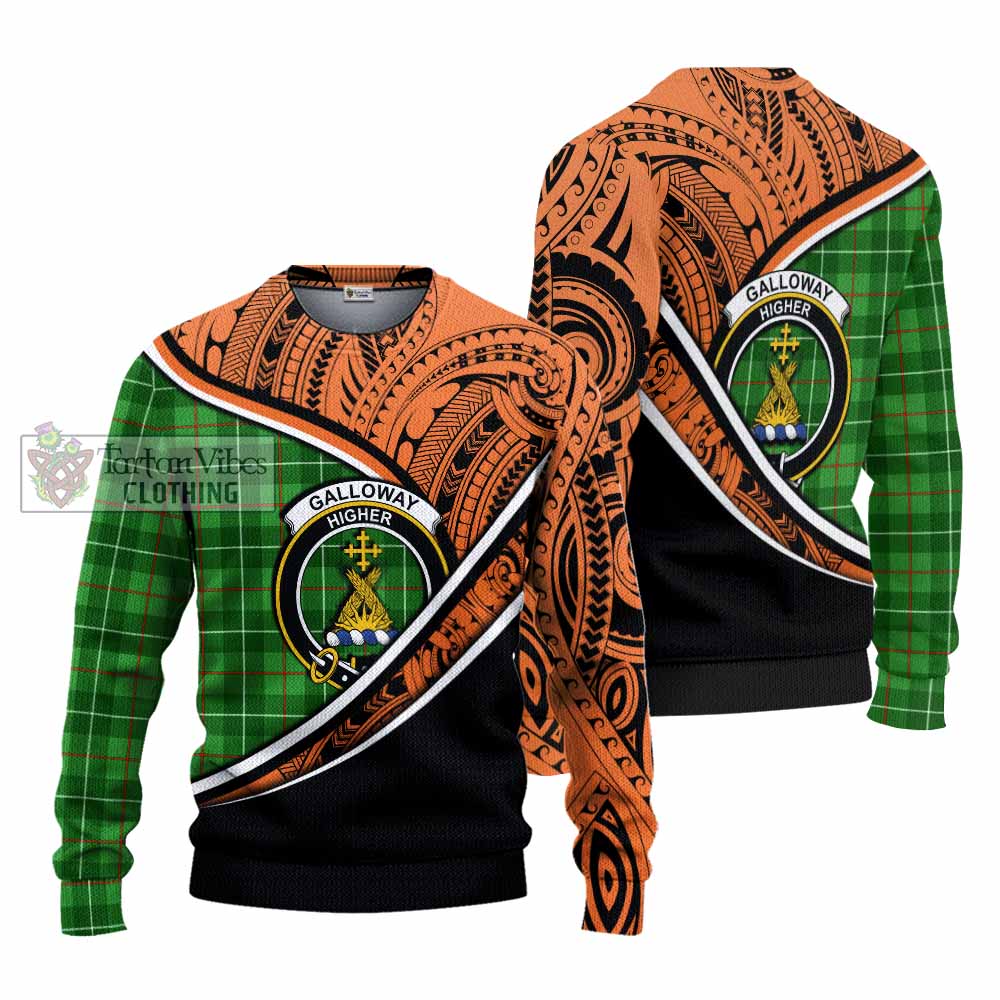 Tartan Vibes Clothing Galloway Crest Tartan Knitted Sweater with Maori Tattoo Style - Orange Version