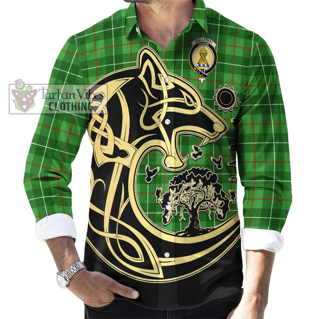 Galloway Tartan Long Sleeve Button Shirt with Family Crest Celtic Wolf Style - Tartan Vibes Clothing