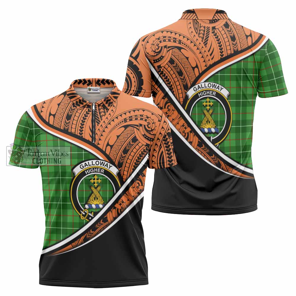 Tartan Vibes Clothing Galloway Crest Tartan Zipper Polo Shirt with Maori Tattoo Style - Orange Version