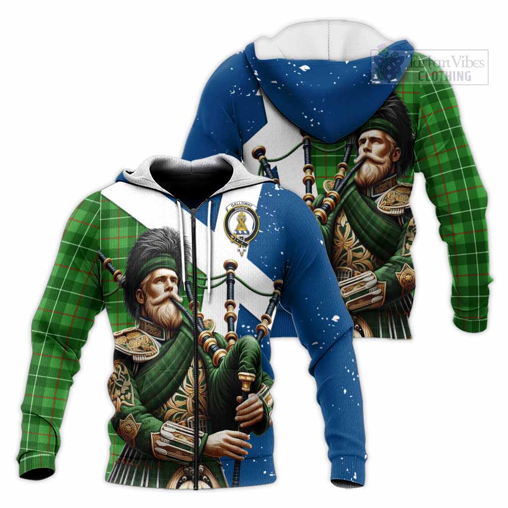 Tartan Vibes Clothing Galloway Tartan Knitted Hoodie with Family Crest Scottish Bagpiper Vibes