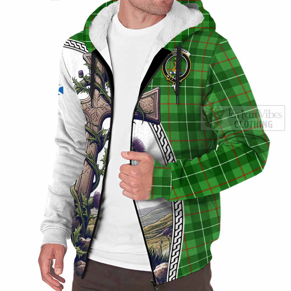 Tartan Vibes Clothing Galloway Tartan Sherpa Hoodie with Family Crest and St. Andrew's Cross Accented by Thistle Vines