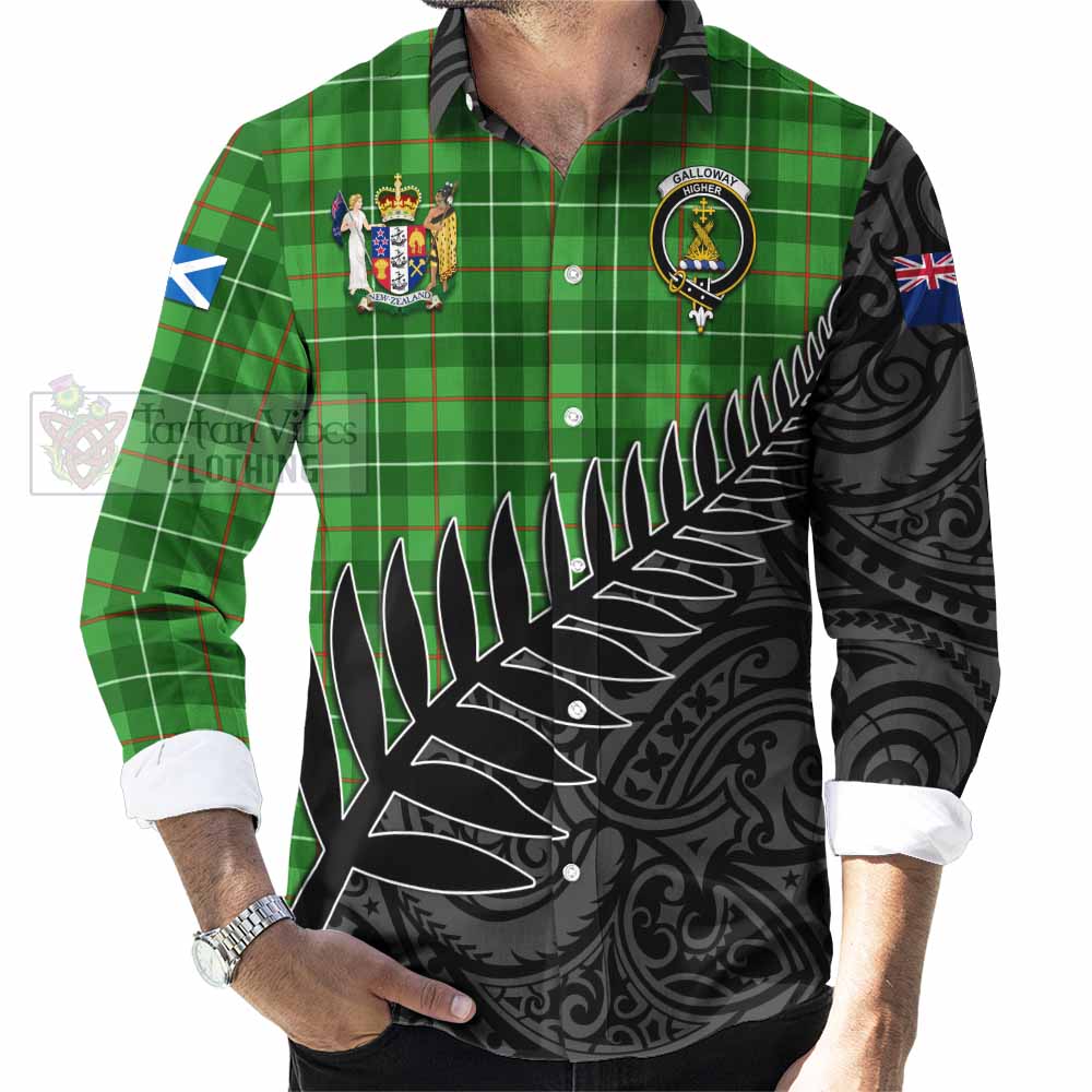 Tartan Vibes Clothing Galloway Crest Tartan Long Sleeve Button Shirt with New Zealand Silver Fern Half Style