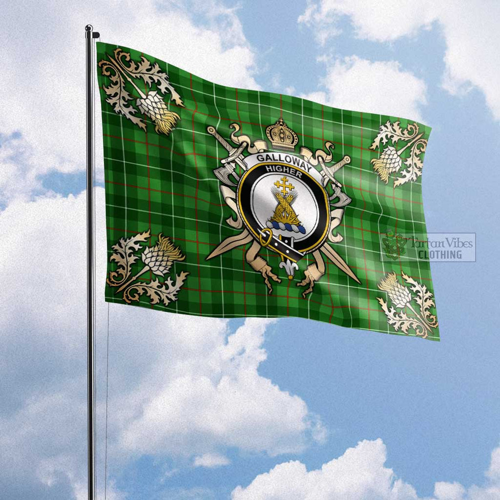 Tartan Vibes Clothing Galloway Tartan Flag with Family Crest and Golden Thistle Crossed Sword Design